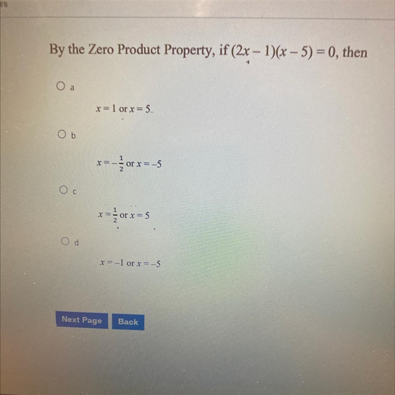 By the Zero Product Property, if (2x - 1)(x - 5) = 0, then-example-1