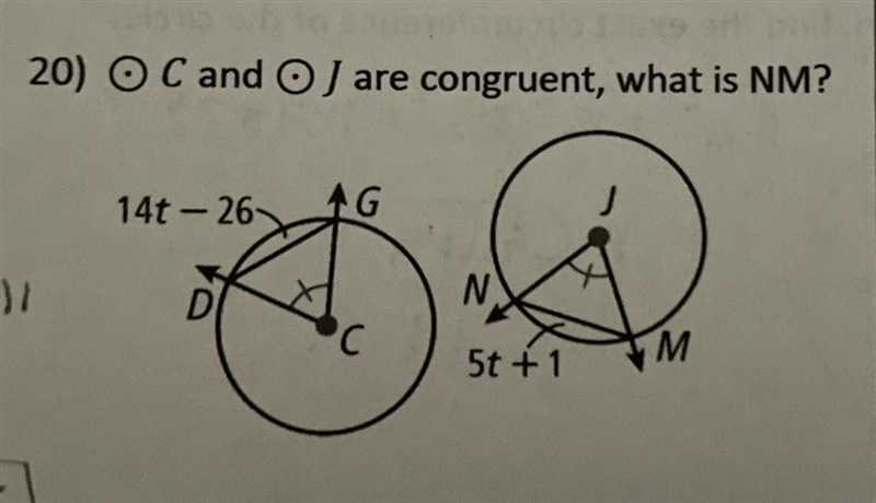 Circle C and circle J are congruent, what is NM?-example-1