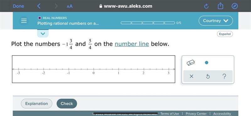 Plot the numbers -1 3/4 and 5/4 on the number lome-example-1