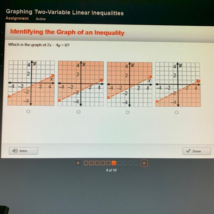 Which is the graph of 2x - 4y > 6? -4 -2 2 -2 2 RUTA 4-2 414 2 O W 4 -4-2 414 2 -2 O-example-1