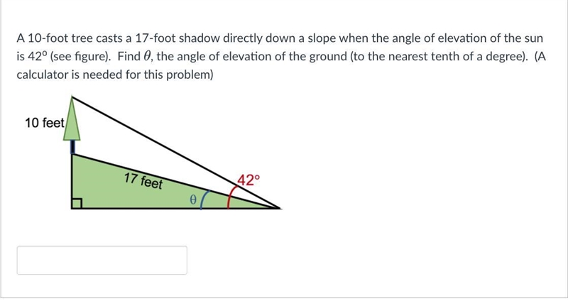 A 10-foot tree casts a 17-foot shadow directly down a slope when the angle of elevation-example-1