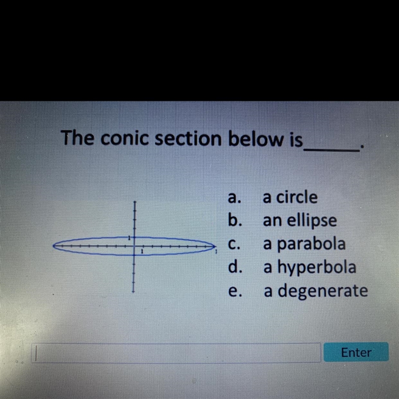 The conic section below isa.a circleb.an ellipseC.a parabolad.a hyperbolae.a degenerate-example-1