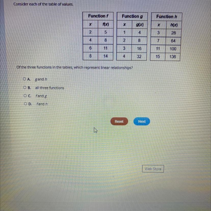 Of the three functions in the tables, which represent linear relationships?-example-1