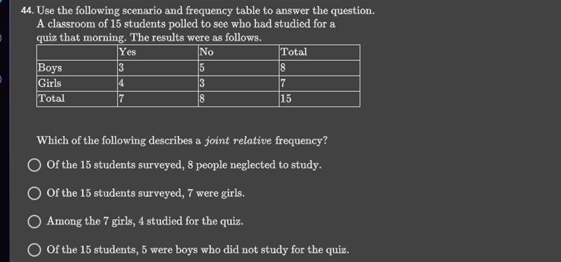 Which of the follinw describe a joint relative frequency(will send image)a. of the-example-1