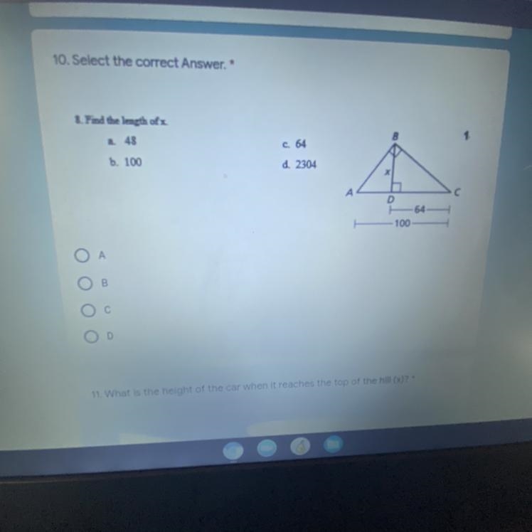 Find the length of x. A:48 B:100 C:64 D: 2304 (PLEASE HELP!!!)-example-1