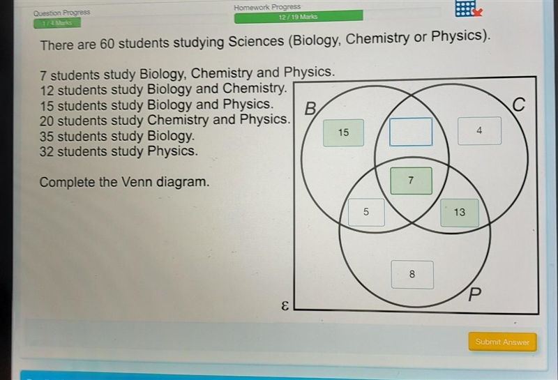 There are 60 students studying Sciences (Biology, Chemistry or Physics). 7 students-example-1