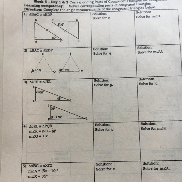 Complete the angle measurements of the congruent triangles below Plss plss i need-example-1