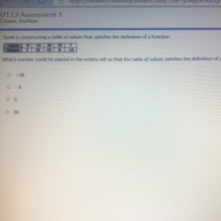 CHILCooper, Sha'NiyaScott is constructing a table of values that satisfies the definition-example-1