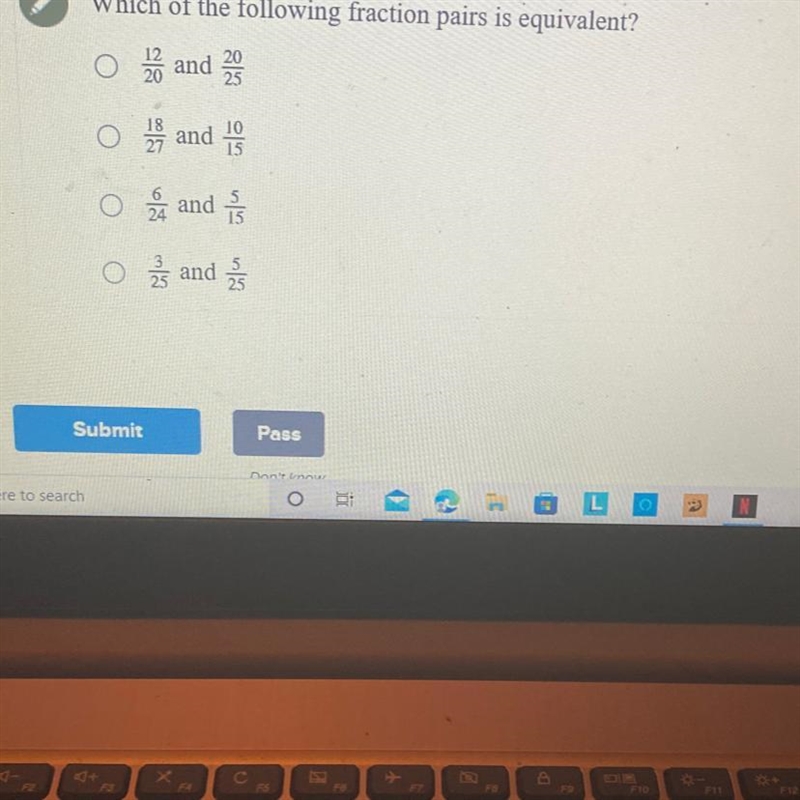 Which of the following fraction pairs is equivalent? 12/20 and 20/25 18/27 and 10/15 6/24 and-example-1