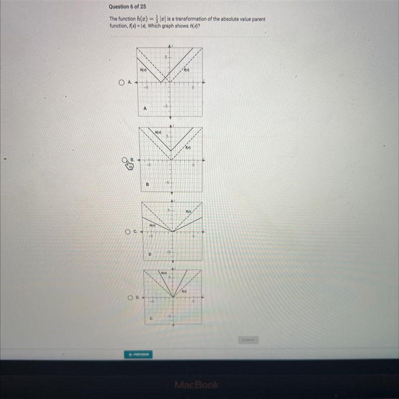 The function h(x) = 1/2 x] is a transformation of the absolute value parent function-example-1