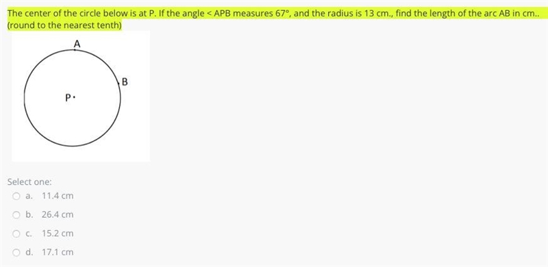 The center of the circle below is at P. If the angle < APB measures 67°, and the-example-1