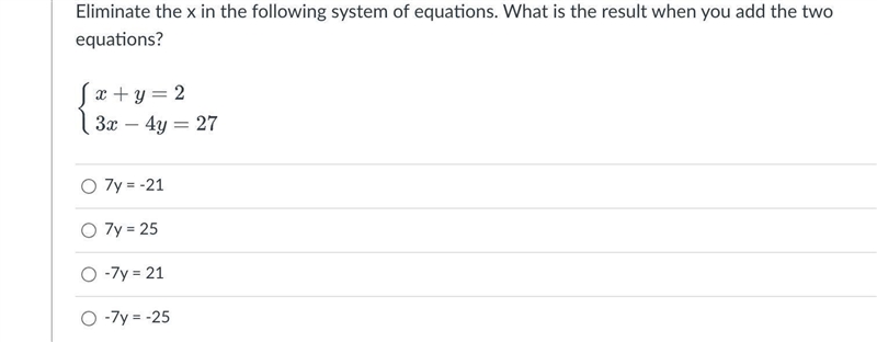 Eliminate the x in the following system of equations. What is the result when you-example-1