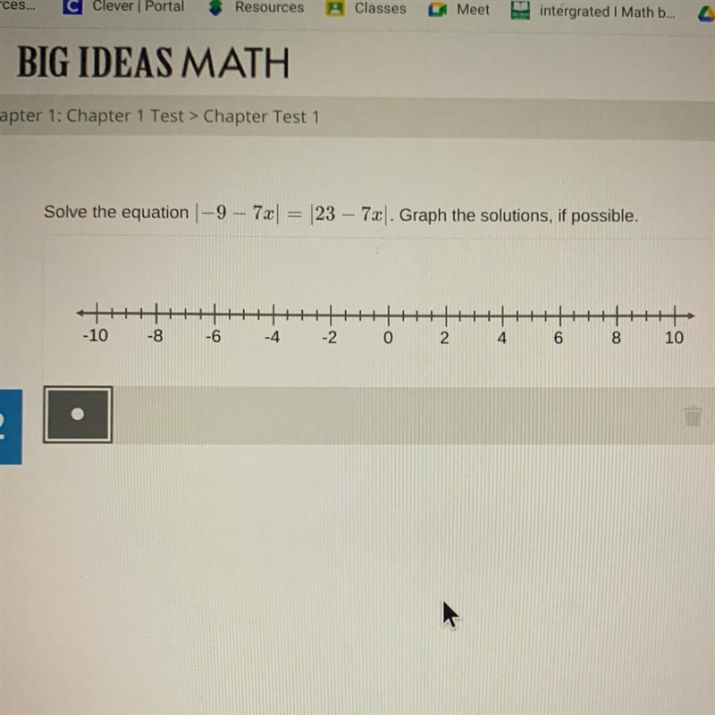 Solve the equation | -9 – 7x| = |23 – 7.|. Graph the solutions, if possible.-example-1