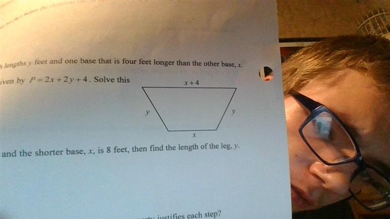 The trapezoid below has legs with lengths y feet and one base that is four feet longer-example-1