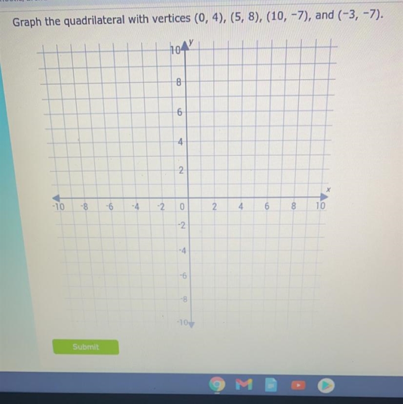 Graph the quadrilateral with vertices (0, 4), (5, 8), (10, -7), and (-3, -7).-example-1