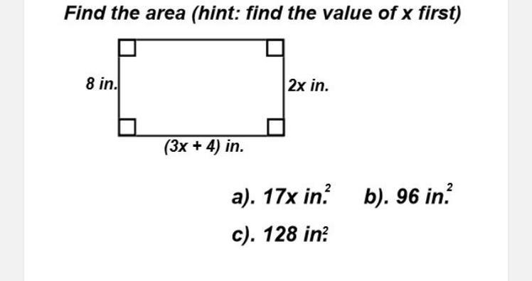 Find the area (hint: find the value of x first)-example-1