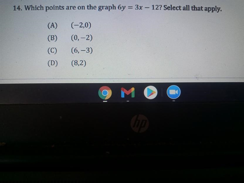 14. Which points are on the graph by = 3x - 12? Select all that apply. (A) (B) (C-example-1