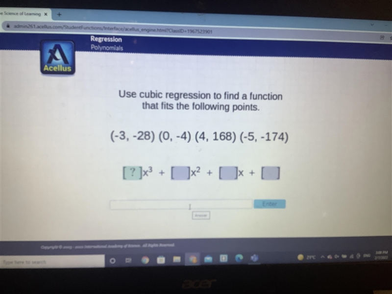 Use cubic regression to find a function that fits the following (-3,-28) (0,-4) (4,168) (-5,-174)-example-1