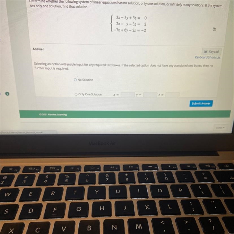 Determine whether the following system of linear equations has no solution, only one-example-1