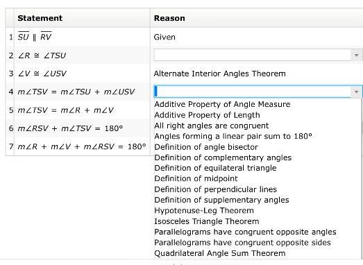 SU∥RV. Complete the proof that m∠R+m∠V+m∠RSV=180° without using the Triangle Angle-example-4