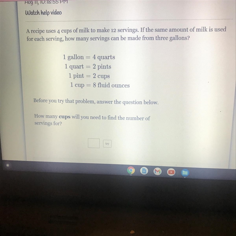 A recipe uses 4 cups of milk to make 12 servings. If the same amount of milk is usedfor-example-1