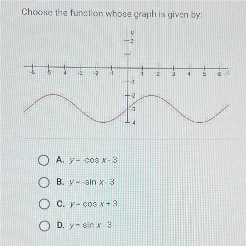 Choose the function whose graph is given by:O A. y=-cos - 3O B. y = -sin x-3O C. y-example-1