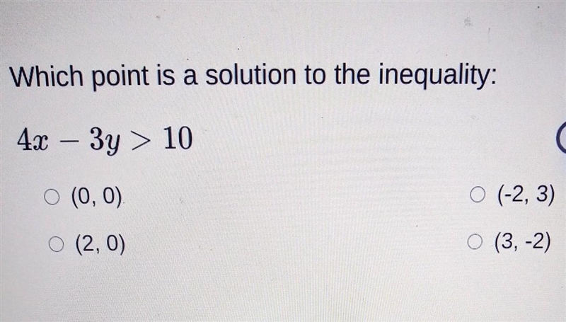 4х – 3y > 10 what point is a solution to the inequality-example-1