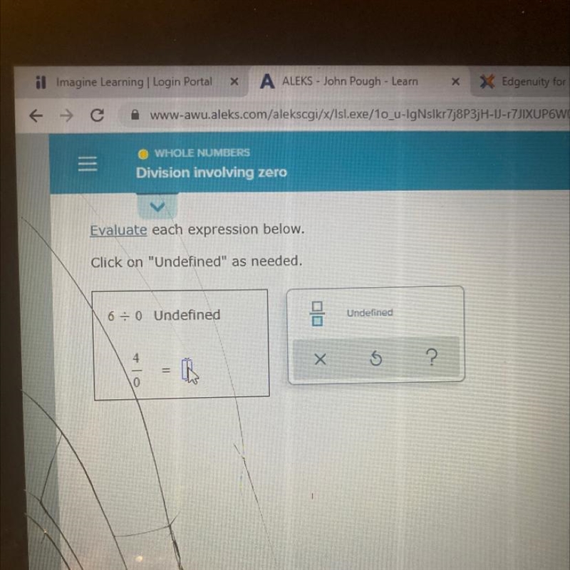 Each expression below.Click on "Undefined" as needed.6 = 0Í00Undefined=x-example-1
