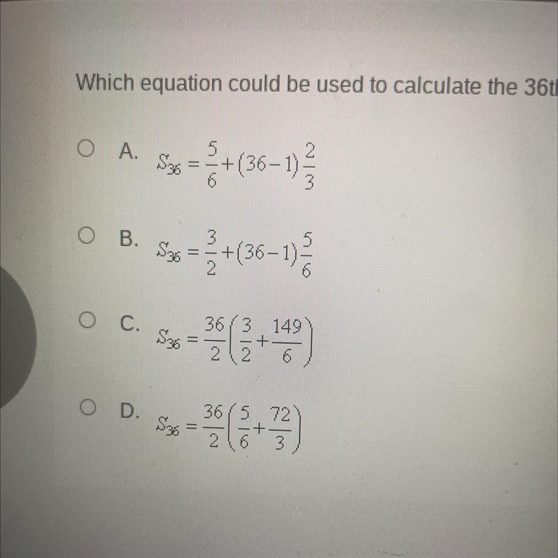 Which equation could be used to calculate the 36th parial sum for the arithmetic sequence-example-1