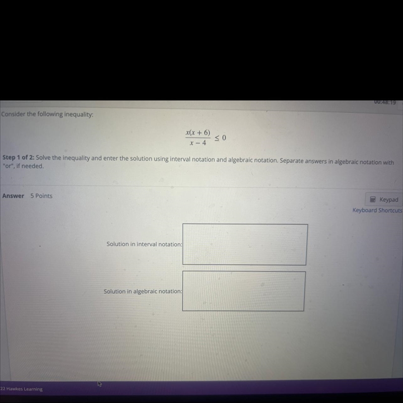 the following inequality:x(x + 6)soX-4Step 1 of 2: Solve the inequality and enter-example-1