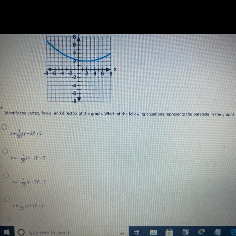 Identify the vertex, focus, and directrix of the graph. Which of the following equations-example-1