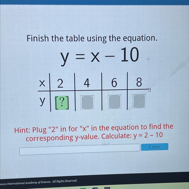 Finish the table using the equation.-y = x - 10Х2468y [?]Hint: Plug "2" in-example-1