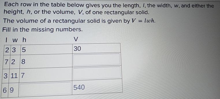 each row in the table below gives you the length the width and either the height or-example-1