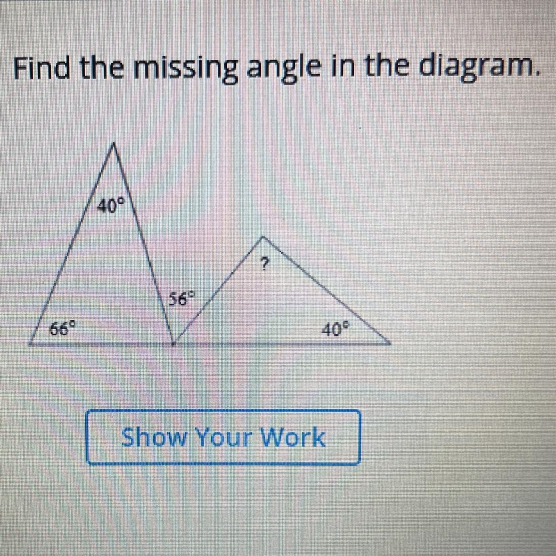 Find the missing angle in the diagram. Help asap (Ty!)-example-1