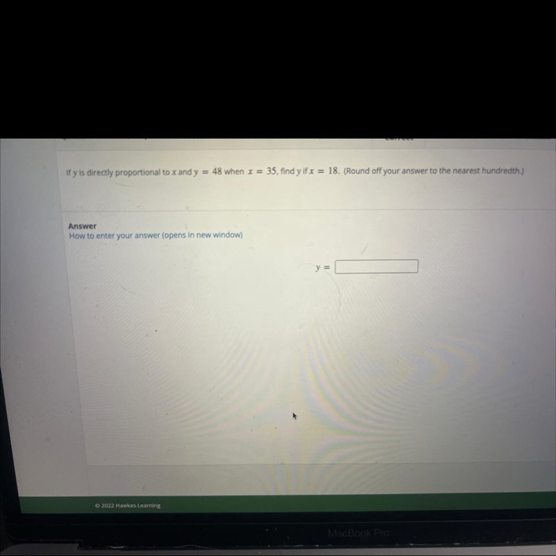 If y is directly proportional to x and y = 48 when x = 35, find y if x = 18. (Round-example-1