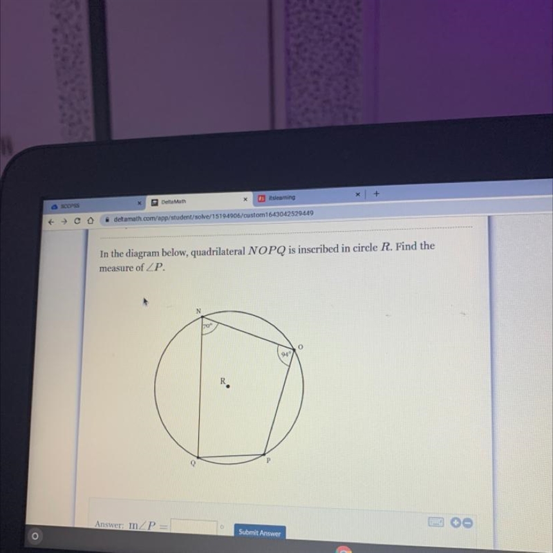 In the diagram below, quadrilateral NOPQ is inscribed in circle R. Find themeasure-example-1