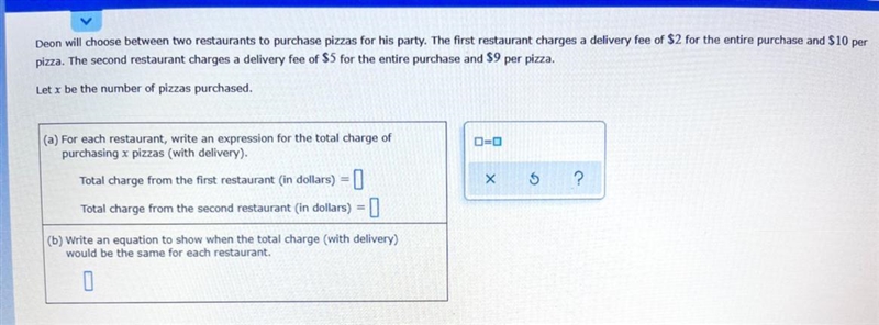 Deon will choose between two restaurants to purchase pizzas for his party. The first-example-1