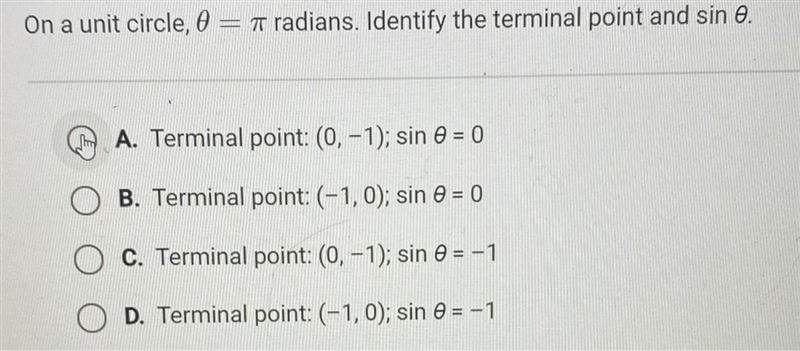 On a unit circle, 0 = pi radians. Identify the terminal point and sin 0.-example-1