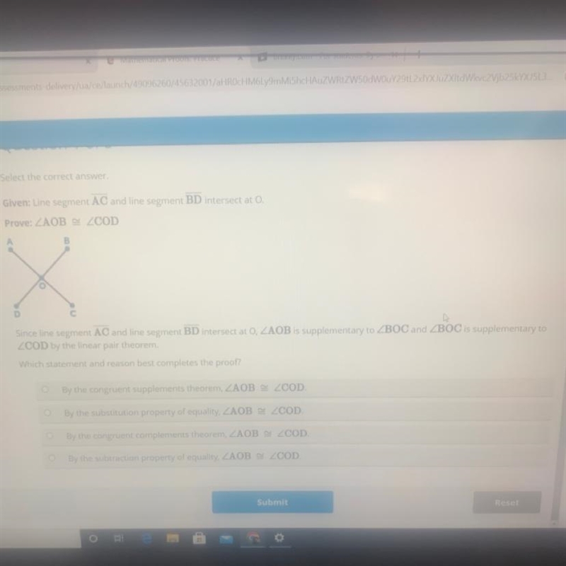 Given: Line segment AC and line segment BD intersect at O. Prove: ZAOB ZCOD Since-example-1