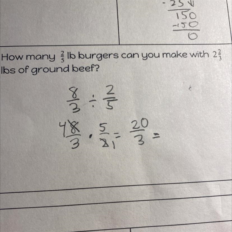 How many 2/5 lb burgers can you make with 2 2/3 lbs of ground beef-example-1