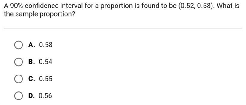 A 90% confidence interval for a proportion is found to be (0.52, 0.58). What isthe-example-1