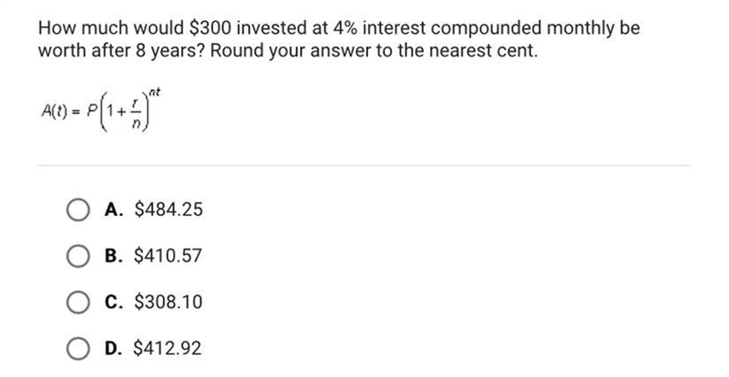 How much would $300 invested at 4% interest compounded monthly beworth after 8 years-example-1