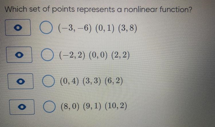 Which set of points represents a nonlinear function? A (-3,-6) (0,1) (3,8) B (-2,2) (0,0) (2,2) C-example-1