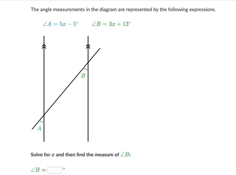 Solve for x and then find the measurement of ∠B.-example-1