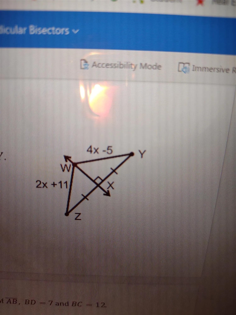 Xw is the perpendicular bisector of zy find the value of x in the length of wy-example-1