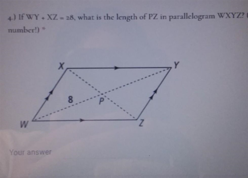 If WY+XZ = 28, what is the length of PZ in parallelogram WXYZ?-example-1