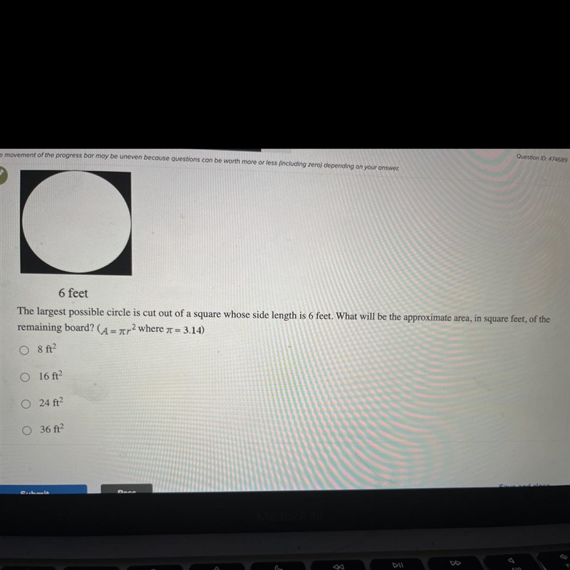 The largest possible circle is cut out of a square whose side length is 6-example-1