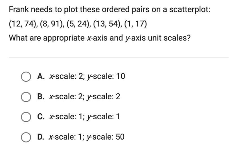 Frank needs to plot these ordered pairs on a scatterplot:(12,74), (8, 91), (5, 24), (13, 54), (1, 17)What-example-1