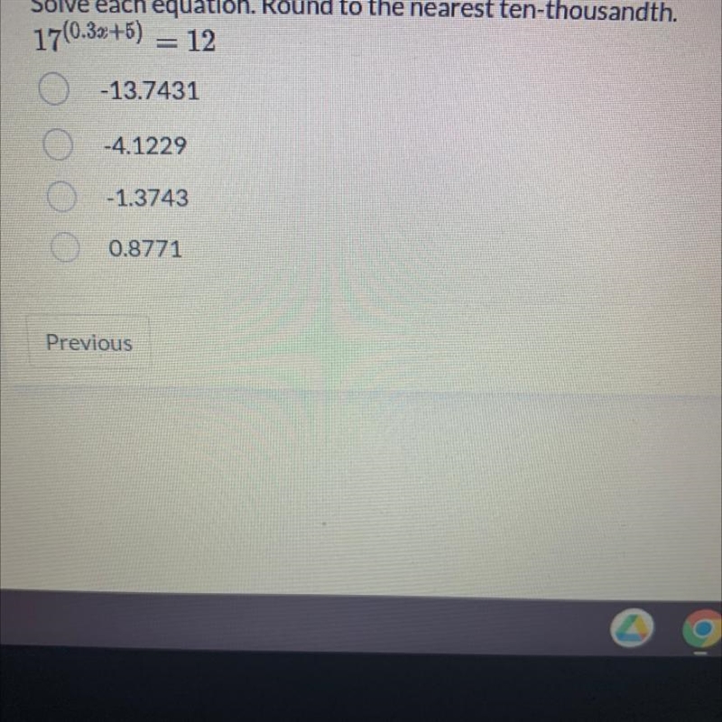 Solve each equation. Round to the nearest ten-thousandth. 17(0.3x+5)-example-1