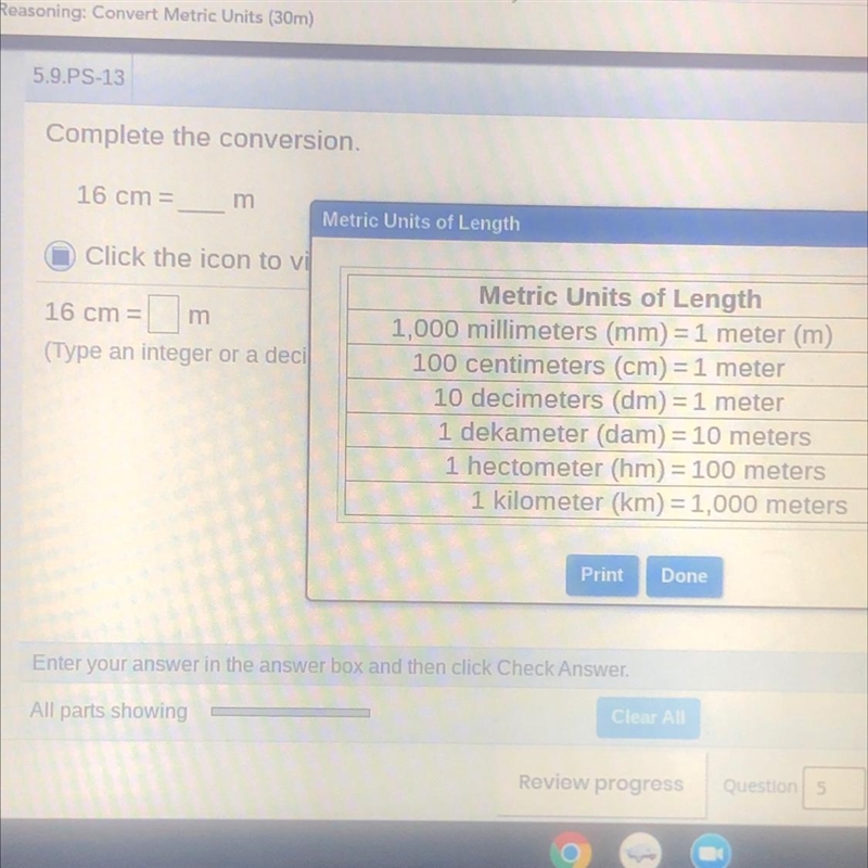 Complete the conversion.16 cm =mClick the icon to view the metric units of length-example-1